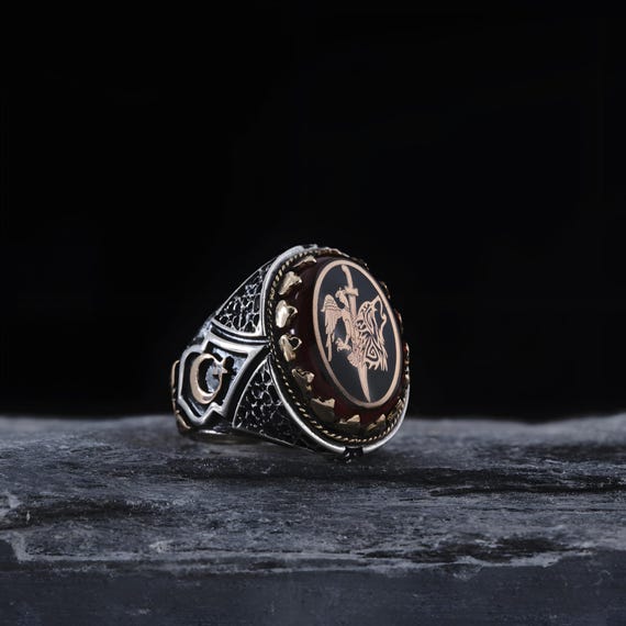 Sterling Silver Wolf & Eagle Ring: Red Amber Turkish Bozkurt Jewelry