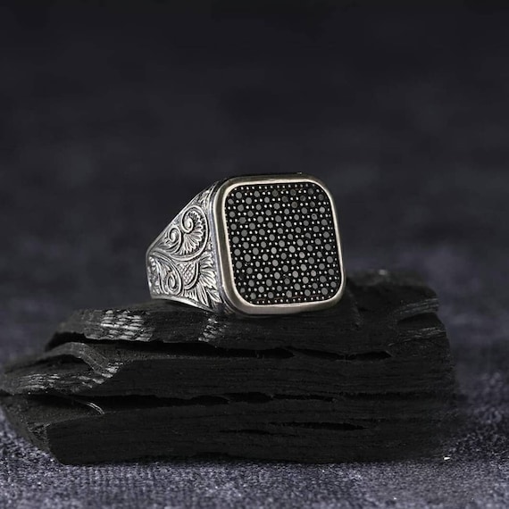 Handmade Sterling Silver Men's Ring: Square Zircon Stone, Adjustable