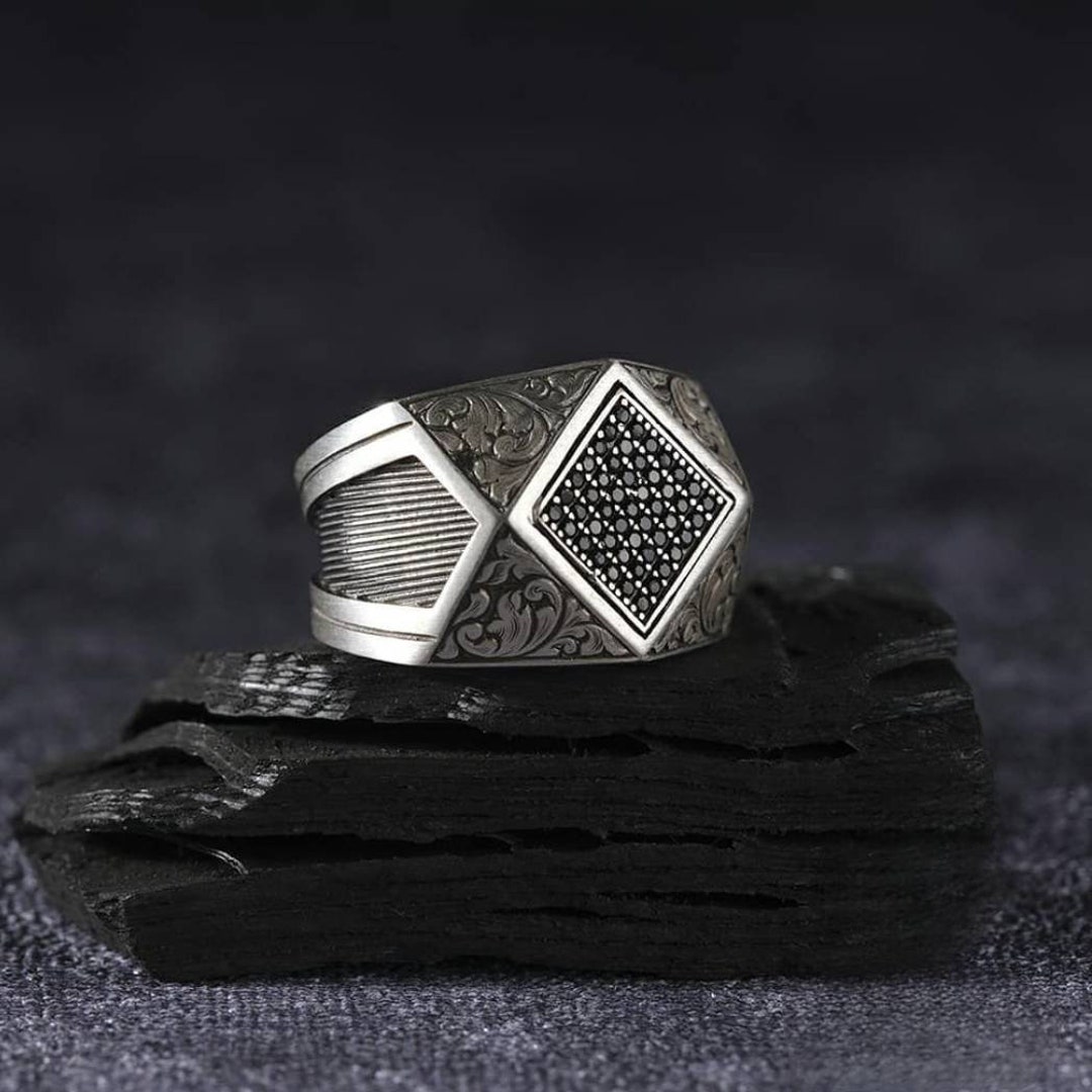 Zircon Black Stone Silver Square Men's Ring Adjustable - Etsy