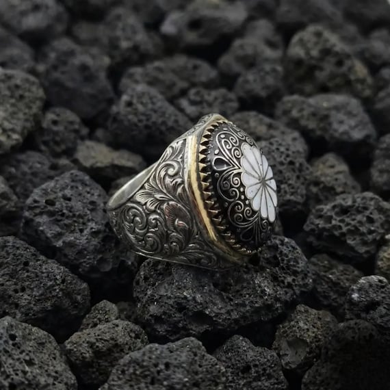 Timeless Elegance: Hand-Engraved Mother of Pearl Silver Men's Ring