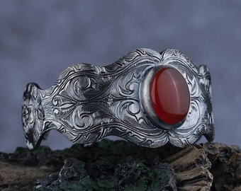 Red Amber Stone Sterling Silver Bracelet: Hand Embroidered Power Jewelry