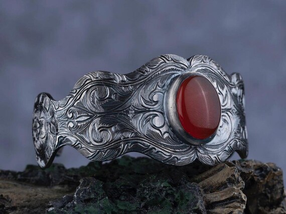 Red Amber Stone Sterling Silver Bracelet: Hand Embroidered Power Jewelry