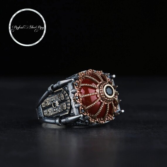 Red Agate Sterling Silver Mosque Ring: Handmade Muslim Gift