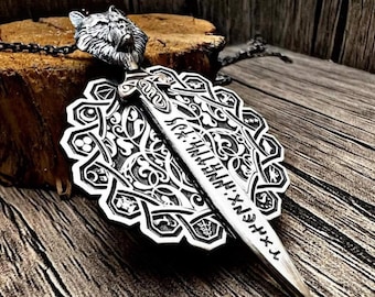 Gokturkish Medallion Turkish State Flag Sword Silver Necklace, Handmade Large Design Wolf Necklace