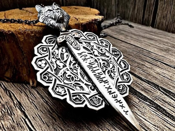 Gokturkish Medallion Turkish State Flag Sword Silver Necklace, Handmade Large Design Wolf Necklace