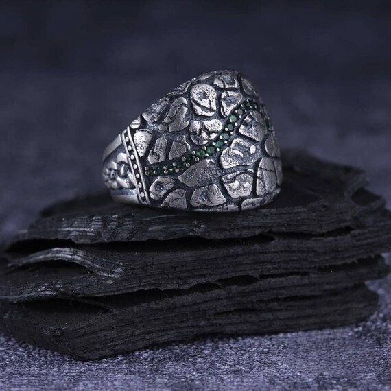 Green Zircon Sterling Silver Mens Ring - Turkish Handmade Jewelry