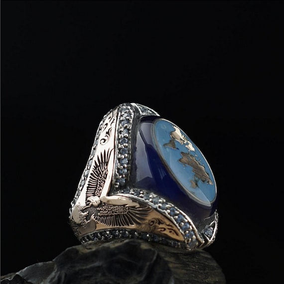 Adjustable Men's Silver Ring with Oval Blue Amber Stone - Stylish Summer Accessory