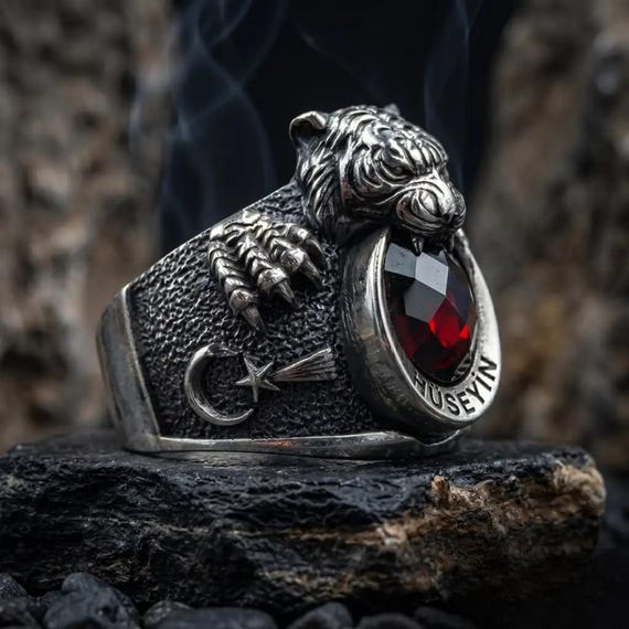 Tiger Head Personalized 925 Silver Ring Men Red Stone Crescent Star Turkish