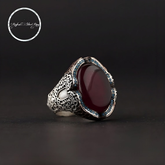 Handmade Andalusian Red Fire Amber Silver Ring, Unique Ottoman Style Men's Ring