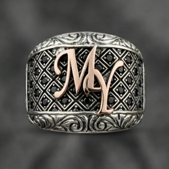 Men's Sterling Silver Initial Ring, Black Zircon Rose Letter Statement Ring