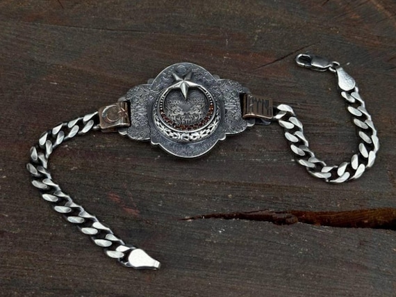 Personalized Sterling Silver Crescent Star Bracelet: Red Topaz, Turkish Gift