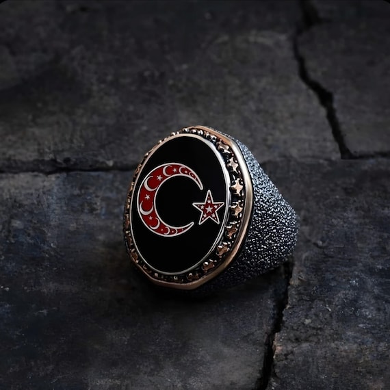 Sterling Silver Crescent Star Ring - Turkish Islamic Jewelry for Men