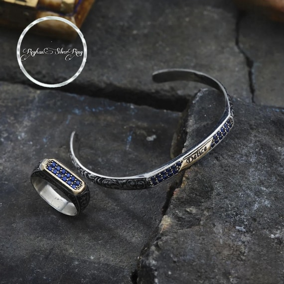 Custom Silver Bracelet & Ring Duo - Personalized Cuff Set - Blue Zircon Stone