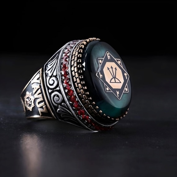 Carved Green Amber Sterling Silver Ring - Oguz Khan Seal, Garnet Accents