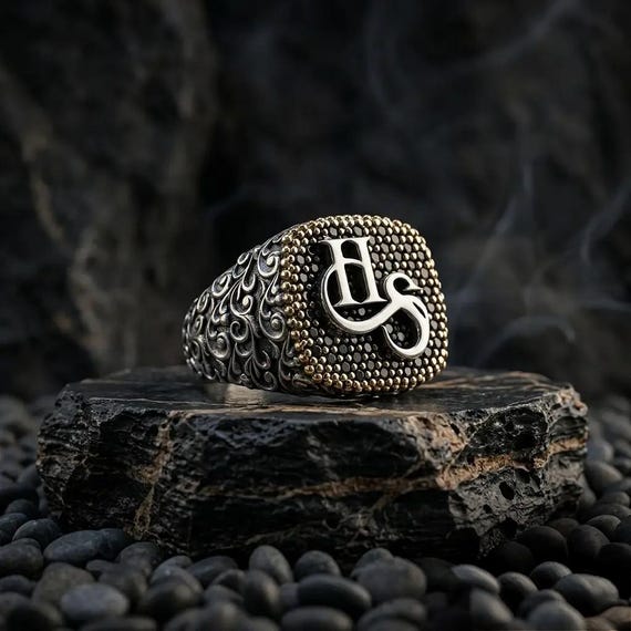 Personalized Letter Engraved Silver Ring with Black Zircon and Side Details