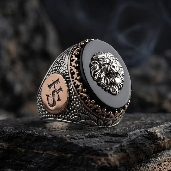 Lion Head Ring for Men, Personalized Initial Sterling Silver Black Onyx Stone