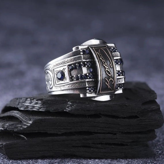 Turkish Atatürk Silver Men's Ring with Blue Zirconia Stone - Adjustable Jewelry