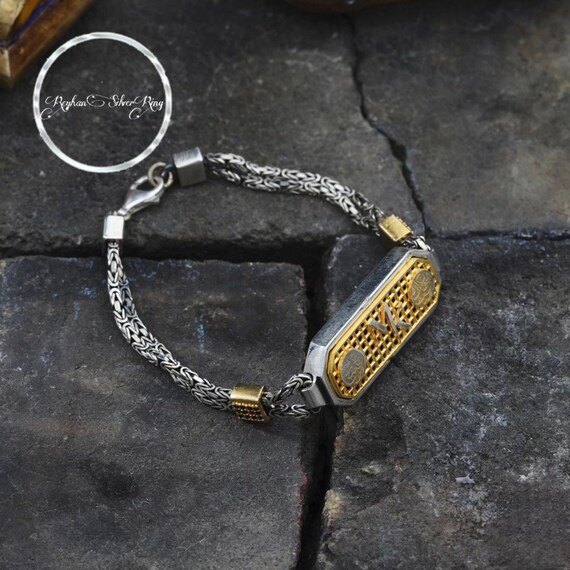 Gold Accent Sterling Silver Men's Bracelet: Arabic Initials, Islamic Gift