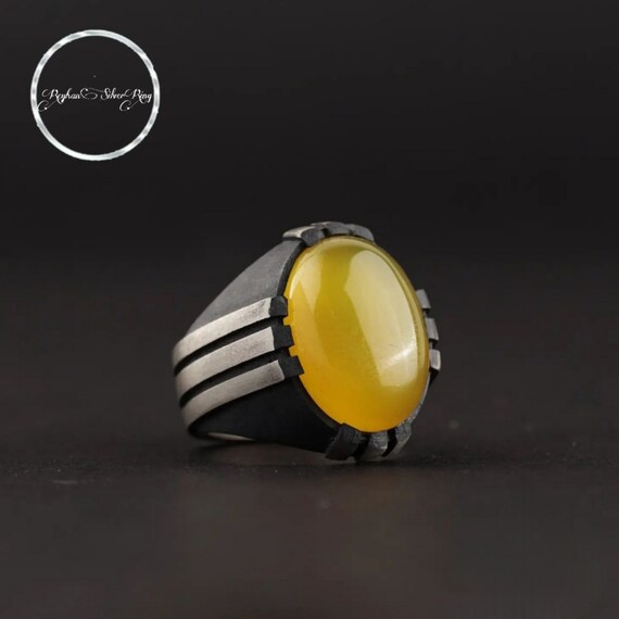 Engraved Sunshine Yellow Agate Ring - 925 Sterling Silver Claw Setting