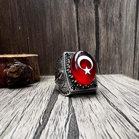 Crescent Star Fire Amber Ring: Elif Letter, 925 Sterling Silver, Customizable