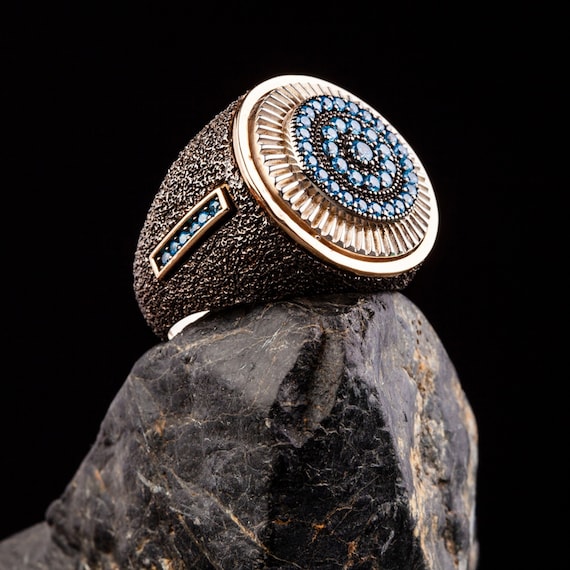 Blue Topaz Men's Ring: Ottoman Sterling Silver, Sandblasted Black