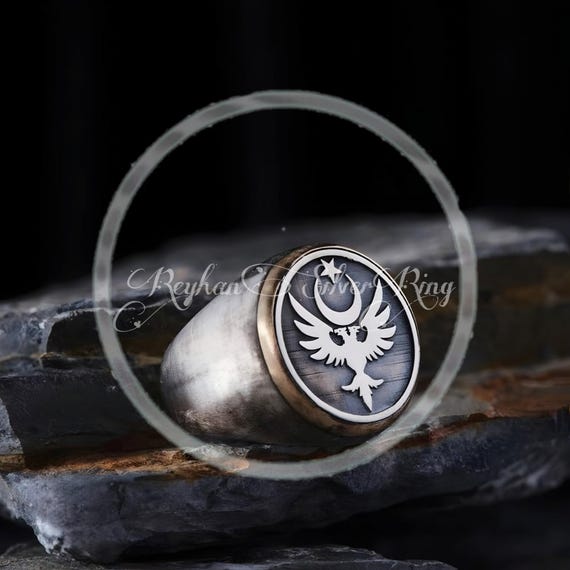 Turkish Ottoman Double-Headed Eagle & Crescent Star Silver Ring - Handmade 925 Sterling Silver, Aged Finish