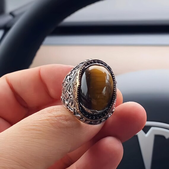 Tiger's Eye Gemstone Ring - Elegant Silver Design with Acur Mount - Handmade Statement Ring