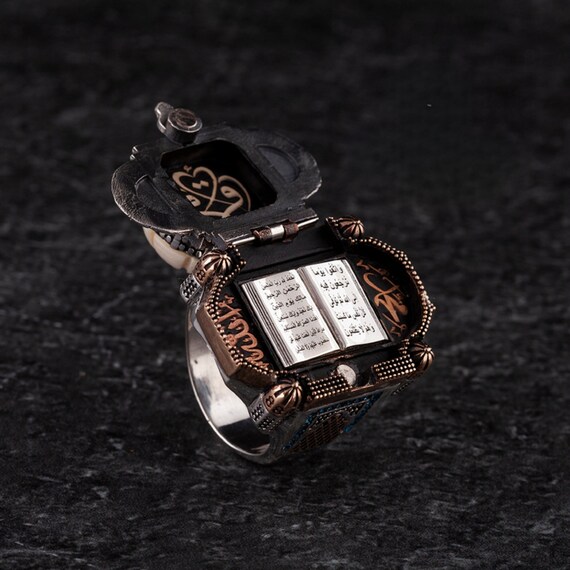 925 Sterling Silver Men's Ring with White Stone & Openable Quran - Handcrafted