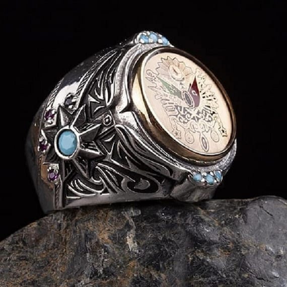 Ottoman Coat of Arms Sterling Silver Ring - Adjustable Topaz Ring