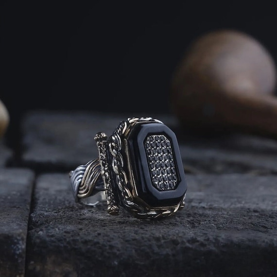 Adjustable Black Onyx Stone Knitting Silver Ring - Handmade Gemstone Jewelry