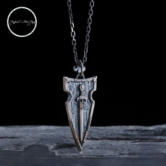 Medieval Sword Necklace: Gothic 925 Sterling Silver, Black Zirconia