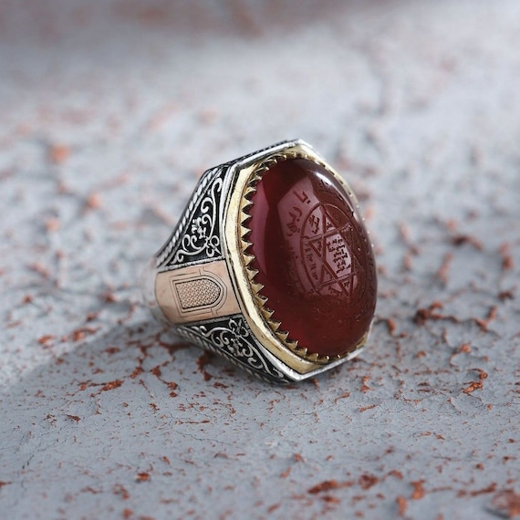 Solomon's Seal Red Agate Sterling Silver Ring: Palace Gate Design