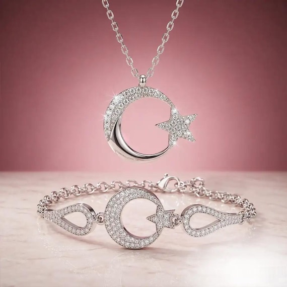 Moon Star Silver Set 925 Women Necklace Bracelet
