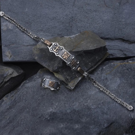 Sterling Silver Nautical Jewelry Set: Anchor & Helm Ring and Bracelet