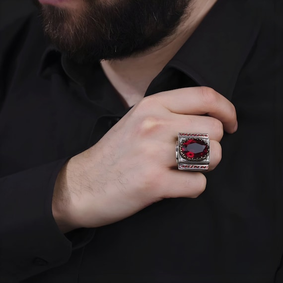 Handmade Men's Silver Knight Ring with Red Zircon Stone - Turkish Ottoman Jewelry