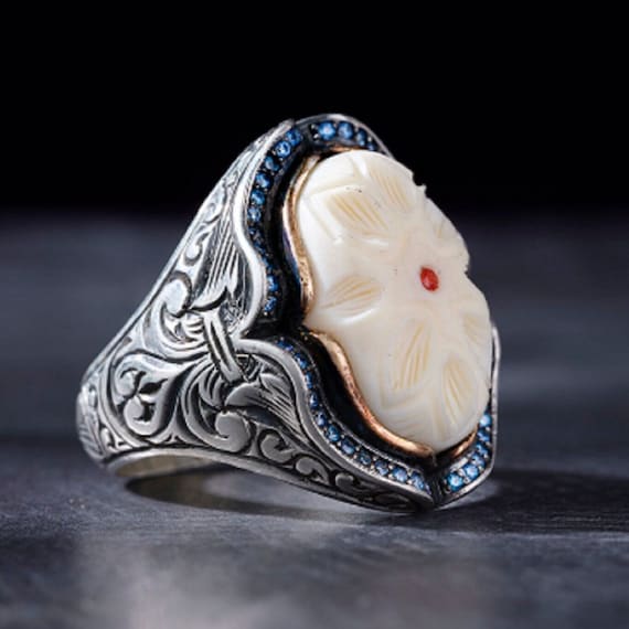 Handcrafted Sterling Silver Men's Ring: White Pearl, Adjustable, Custom Engraving