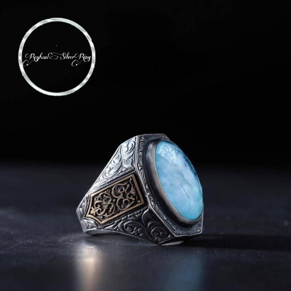 Blue Paraiba Stone Men's Ring: Turkish Handmade 925k Sterling Silver
