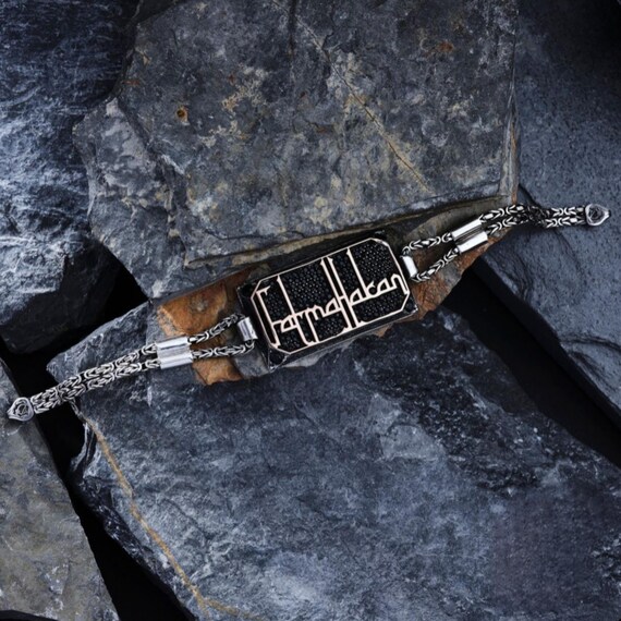 Custom Sterling Silver Rectangle Bracelet: Personalized Name Jewelry, Black Zircon