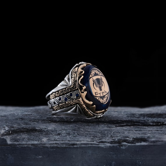 Wolf & Eagle Sterling Silver Ring: Blue Fire Amber, Göktürk 'Türk' Inscription