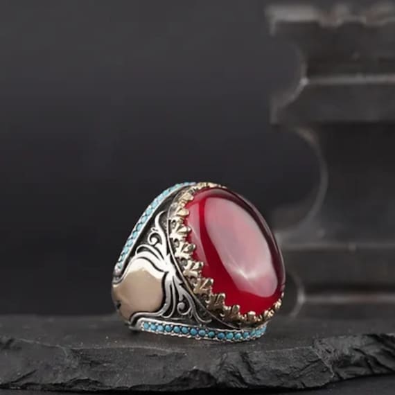Ab-ı Ateş Red Fire Amber & Micro Turquoise Zircon Silver Ring – Customizable Ottoman Design