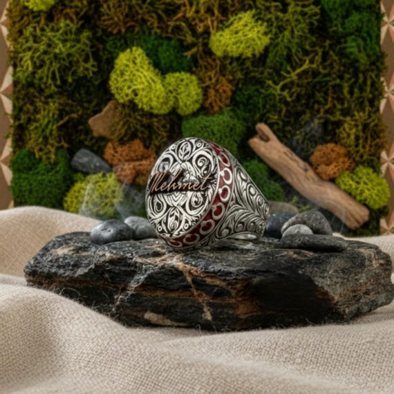 Crescent Star Men's Ring | Personalized Name 925 Sterling Silver | Masculine & Prestigious Design