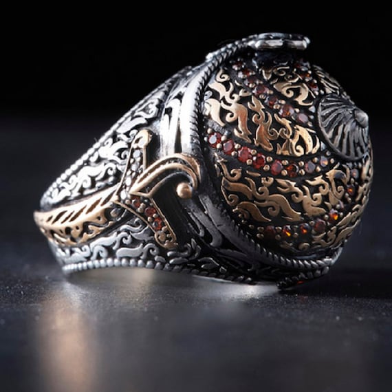Ottoman Style Red Zircon Men's Ring - Handcrafted Sterling Silver Helmet Ring for Him