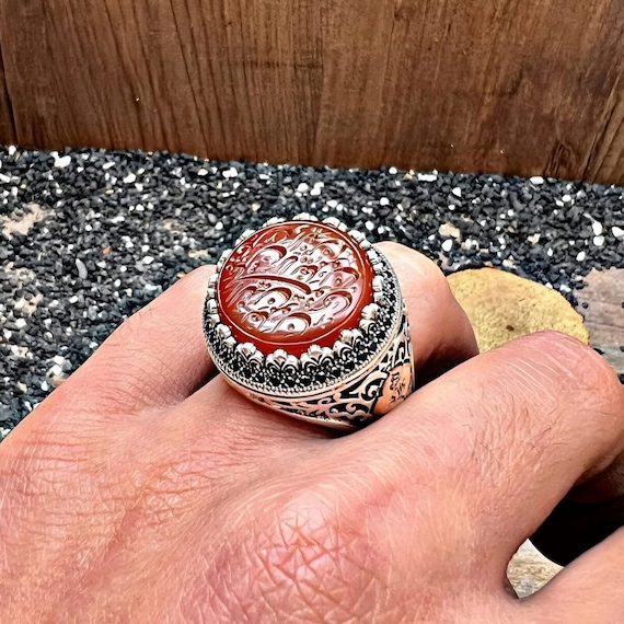 Customizable Sterling Silver Agate Ring – Handmade Surah Az Zumar Verse, Personalized Islamic Jewelry