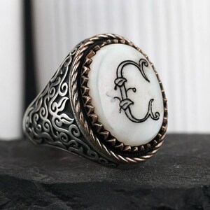 Anillo de plata personalizado con la letra C, preciosa joya de nácar natural, plata de ley 925