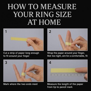 May include: An instructional graphic titled HOW TO MEASURE YOUR RING SIZE AT HOME with four steps. It shows cutting a yellow paper strip, wrapping it around a finger, marking the overlap, and measuring the paper length against a ruler in inches.