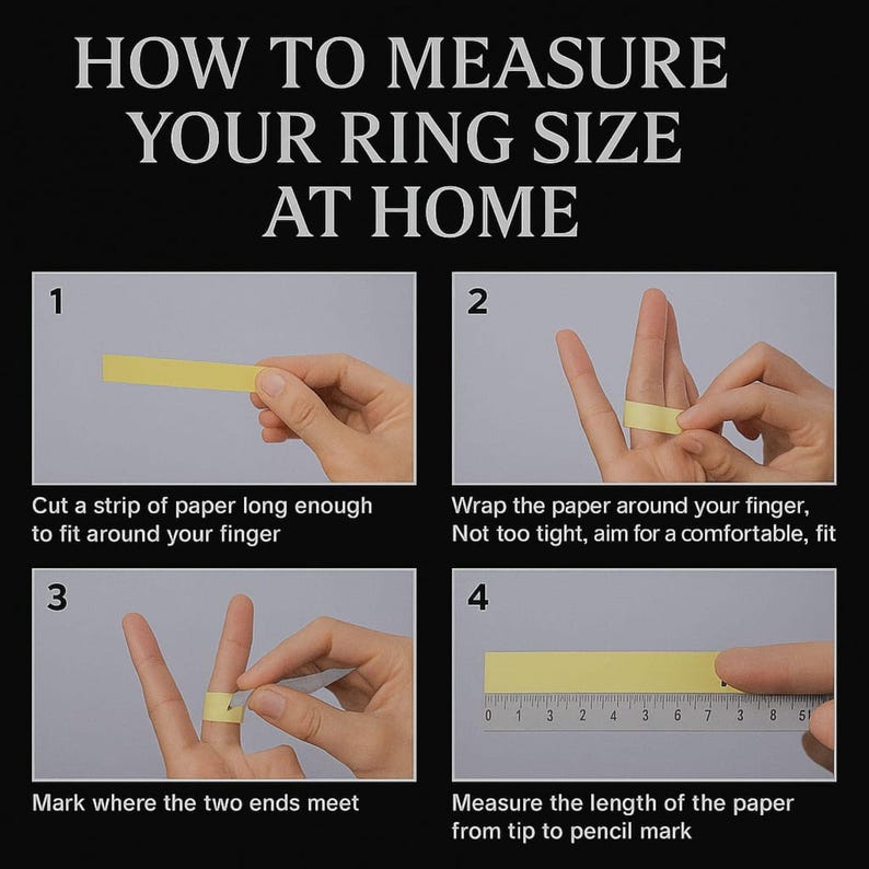 May include: An instructional graphic titled HOW TO MEASURE YOUR RING SIZE AT HOME with four steps. It shows cutting a yellow paper strip, wrapping it around a finger, marking the overlap, and measuring the paper length against a ruler in inches.