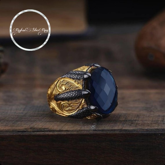 Unique Black Aquamarine Stone Men's Ring in a 925 Sterling Silver Cage