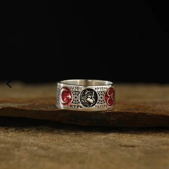 Sterling Silver Wolf Wedding Band Ring – Turkish Crescent Symbol, Unique Men’s Jewelry