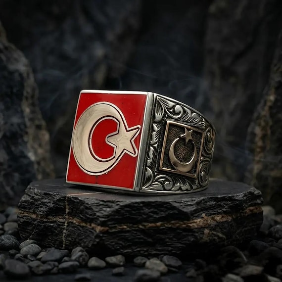Turkish Crescent Star Ring for Men, 925 Sterling Silver Ottoman Style Ring