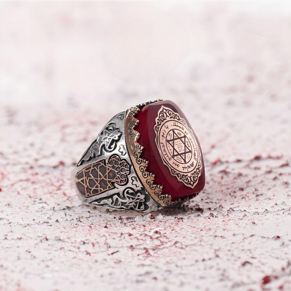 Red Amber Seal of Solomon Ring: 925 Sterling Silver Talisman